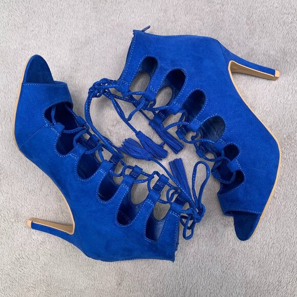 Nine West Briagd Faux Suede Lace Up Ghillie Peep Toe Stilettos Sz6 - Picture 11 of 15